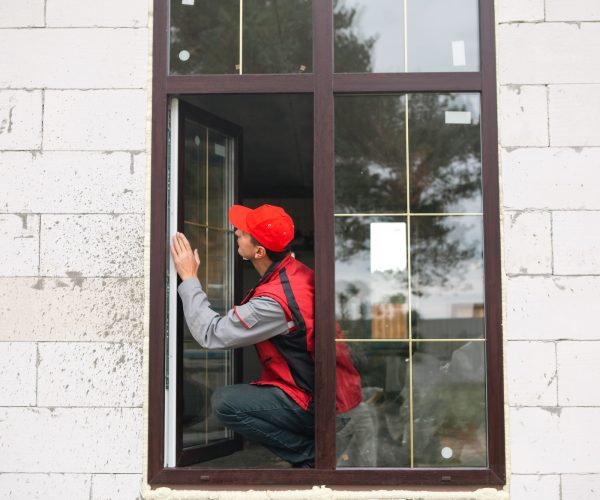 The window installer adjusts the hinges and checks new windows in the cottage under construction. Or